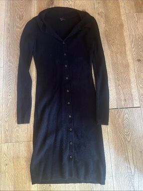 Quince Black Long-Sleeve Button Front Knit Midi Dress